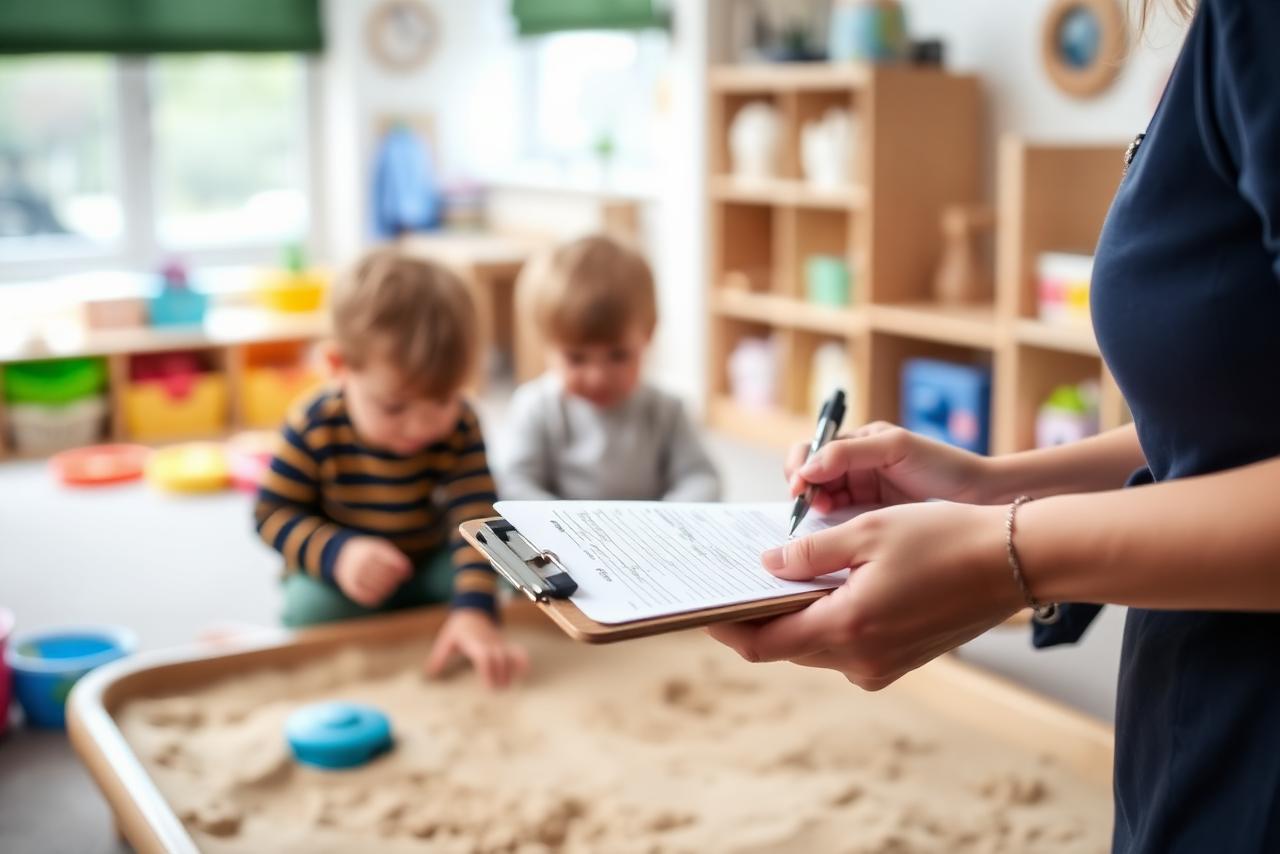 Practitioner writing observation notes on a clipboard beside children playing