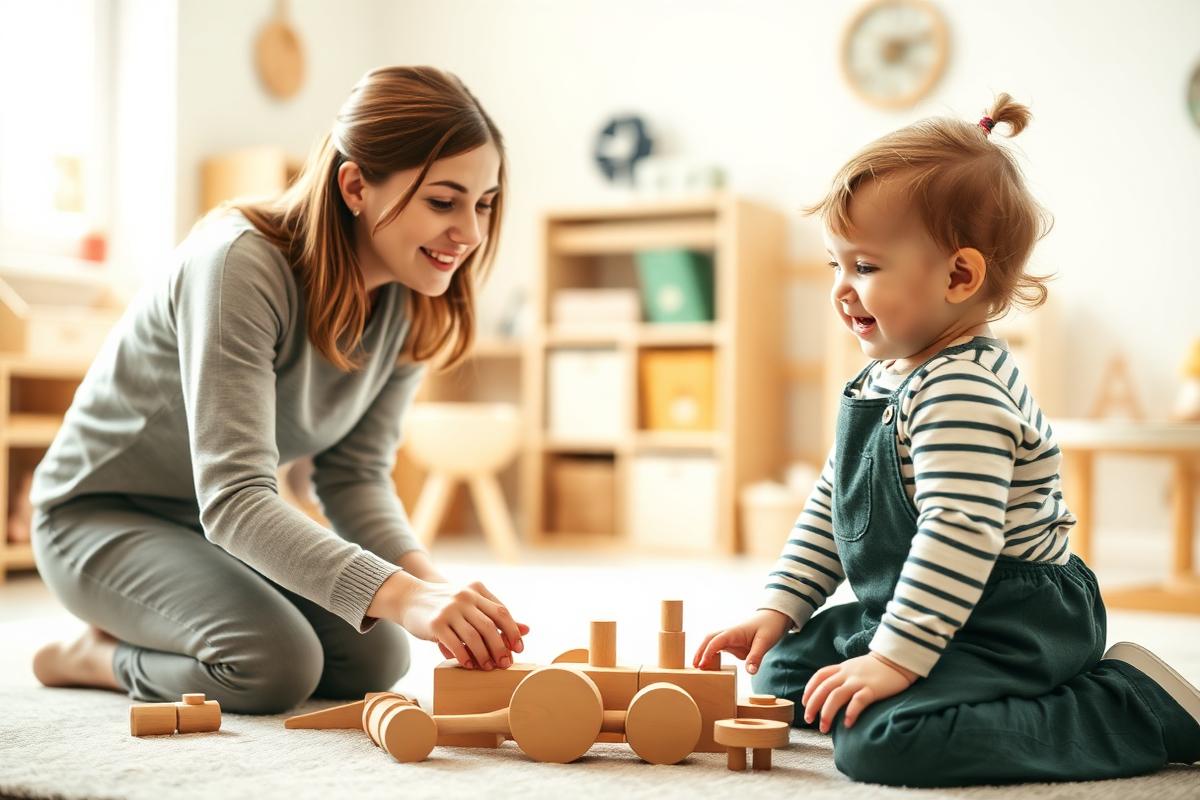 Early years practitioner playing with wooden toys alongside a toddler in a bright nursery room