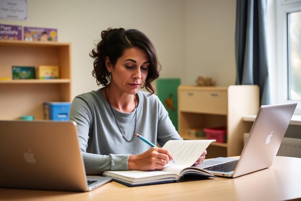 Safeguarding lead writing a confidential record in a nursery office