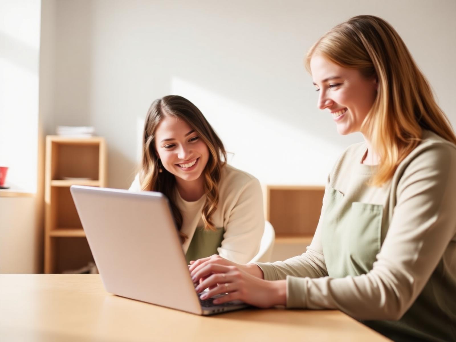 Two early years practitioners smiling while reviewing online training on a laptop in a bright nursery setting