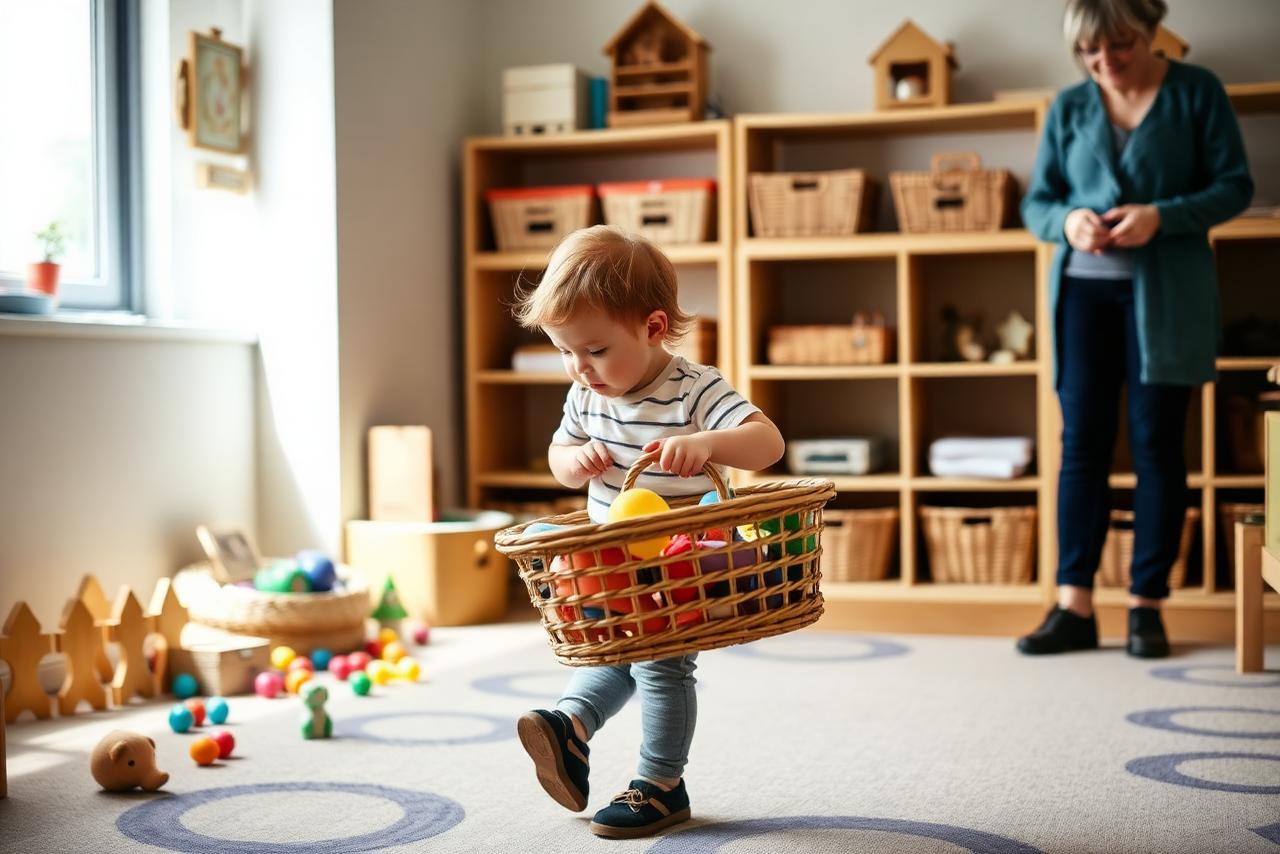 Toddler carrying a basket of toys across a nursery room while a practitioner observes