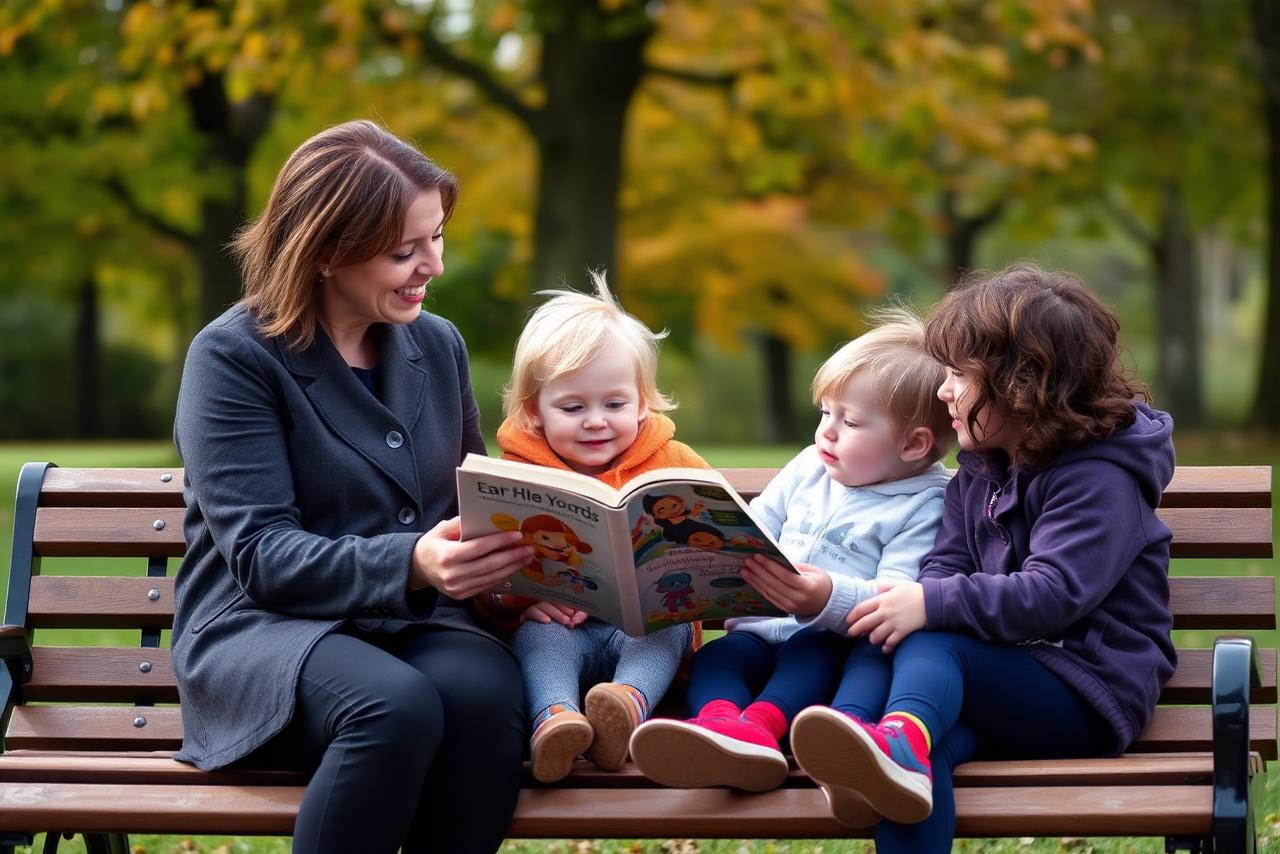 Practitioner reading a picture book with two young children on a park bench