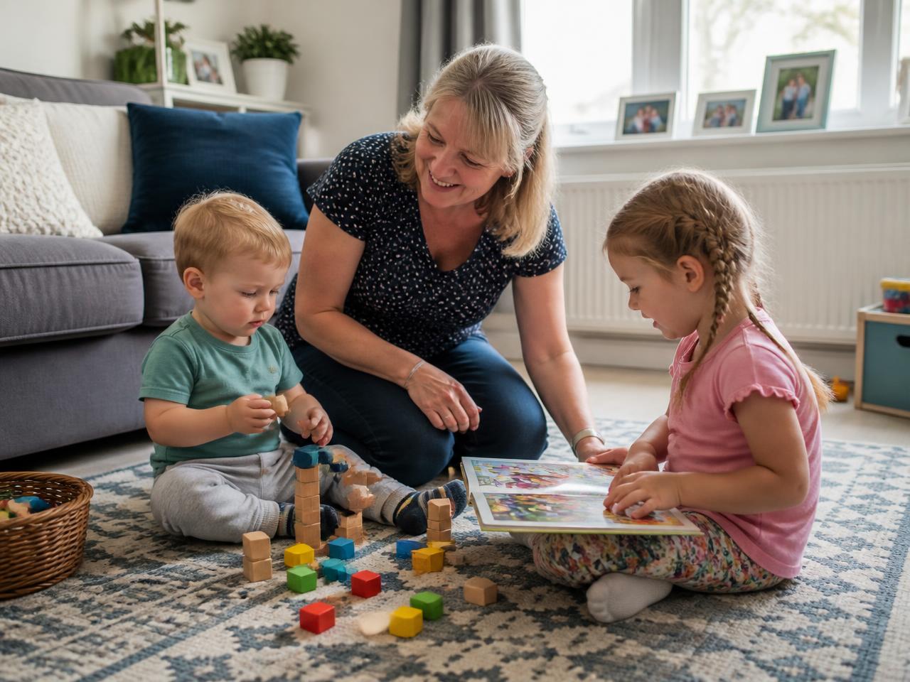 Childminder sitting on a rug at home sharing a picture book and wooden blocks with two young children