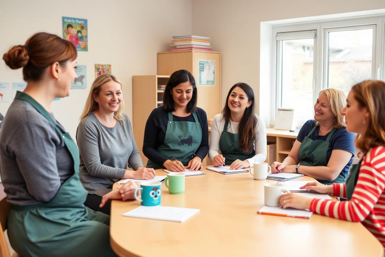 Early years team meeting around a table in a nursery staff room
