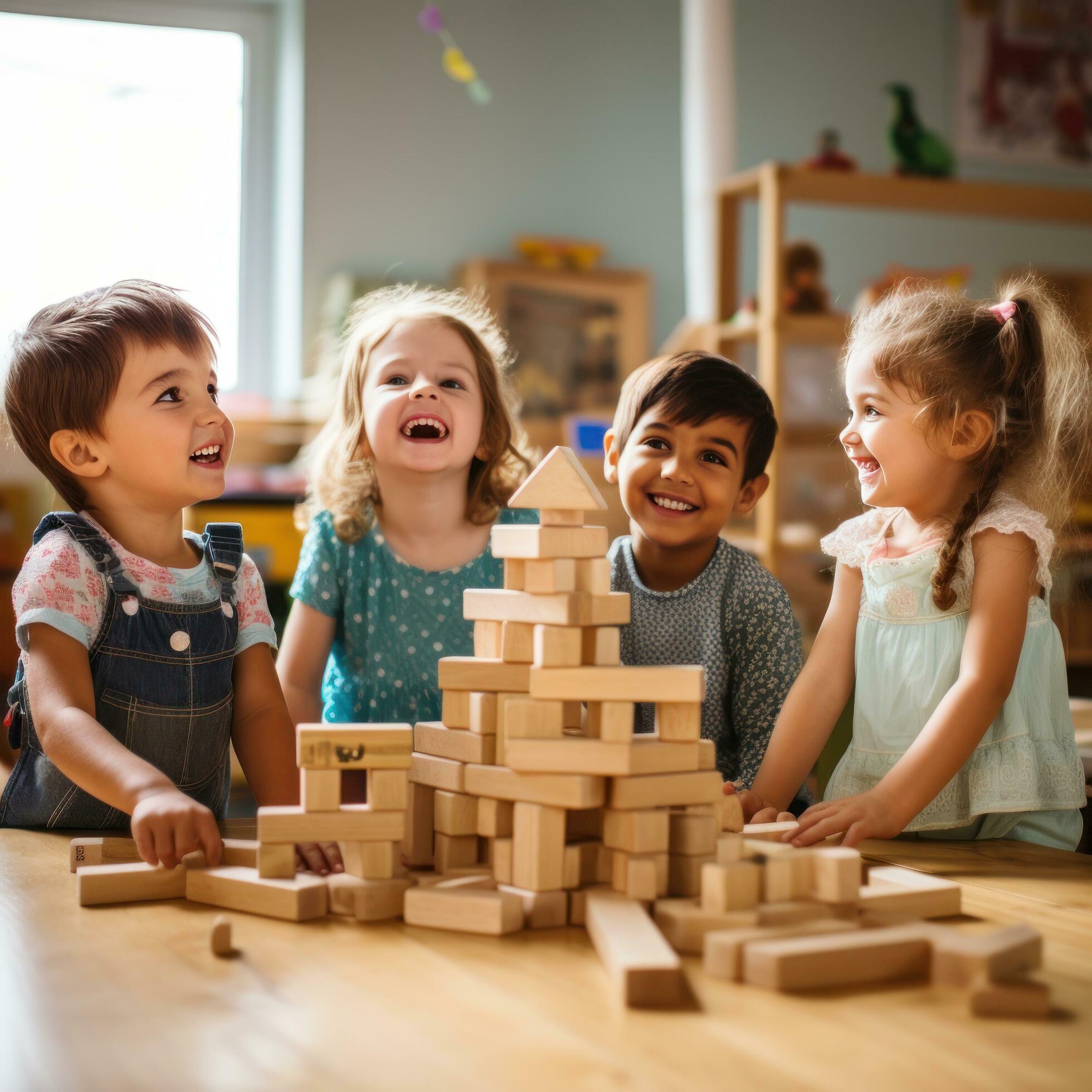 a-group-of-children-playing-together-and-building-with-wooden-blocks-free-photo